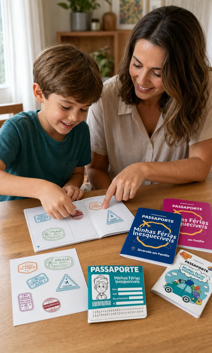 Mãe e filho a colar um carimbo no Passaporte das Férias depois de concluírem uma atividade