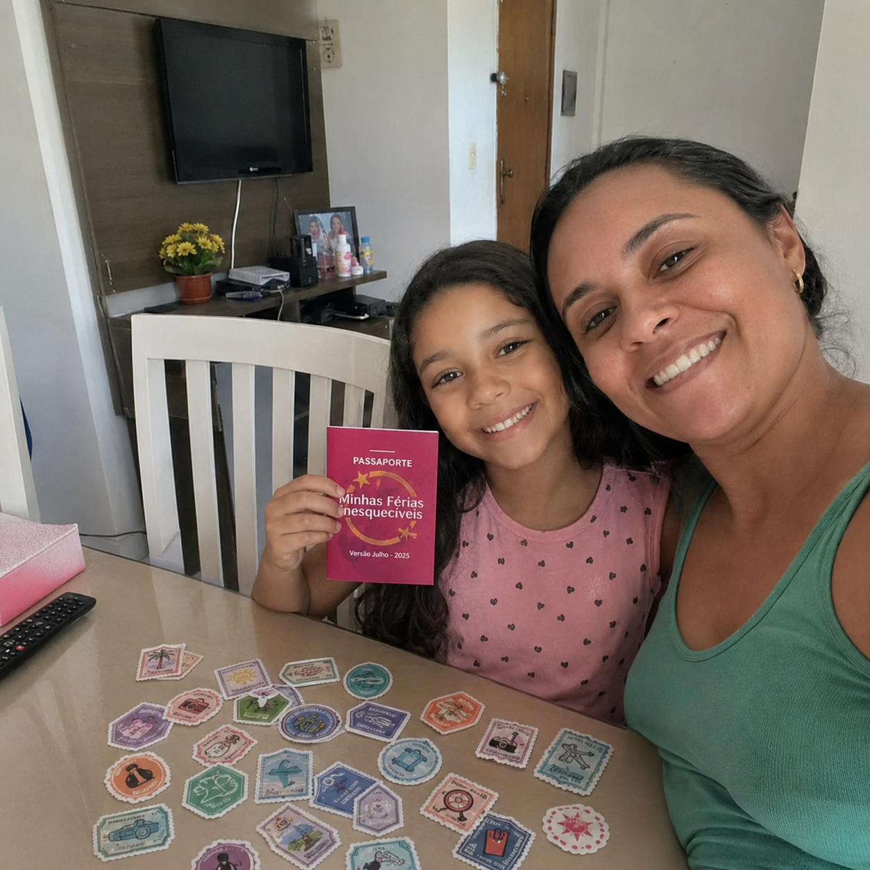 Mãe e filha com o Passaporte das Férias e os carimbos conquistados