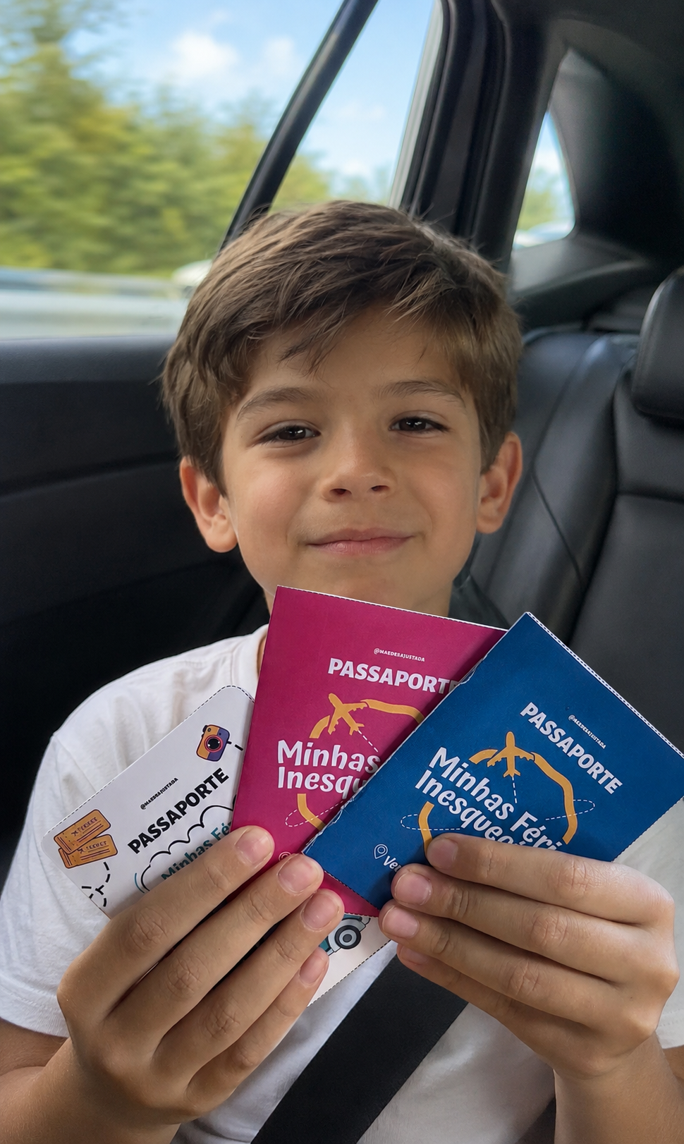 Menino a mostrar as diferentes versões do Passaporte das Férias