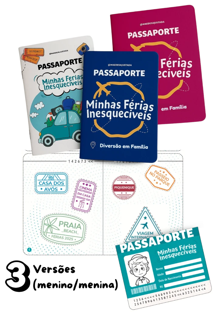 Passaporte das Férias nas versões para menino e menina, com carimbos e identificação