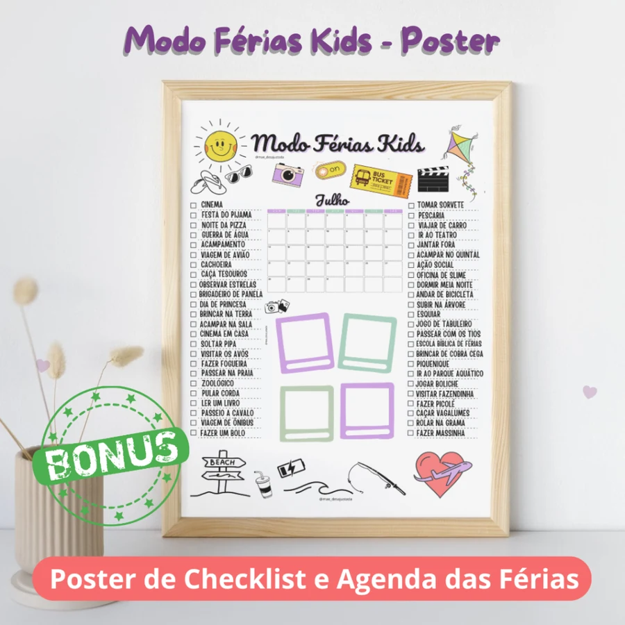 Poster Modo Férias Kids com checklist e agenda